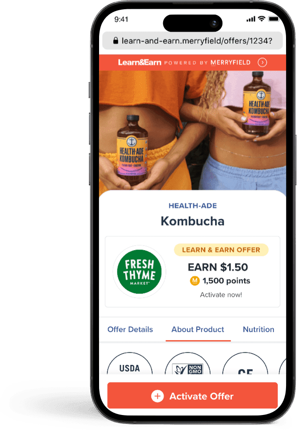An iPhone with Safari opened displaying a Kombucha Learn & Earn offer